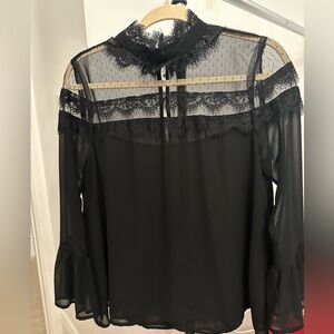 NEW YORK & COMPANY Black Tops Womens Size XS Ruffle Sleeve Pearl Button Blouse